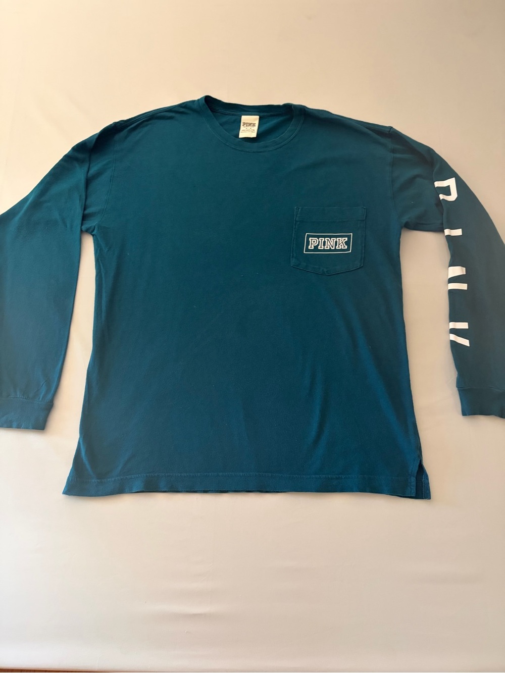 PINK Victoria's Secret Teal Long-Sleeve Pocket Tee with Sleeve Logo